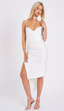 WHITE SATIN DRAPING MIDI DRESS