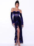 TAYLOR NAVY LONG SLEEVE CORSET VELVET GOWN