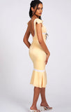 ZORA YELLOW SATIN LACE FLARE MIDI DRESS