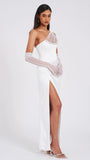 SCARLET WHITE CRYSTAL MESH SATIN GOWN