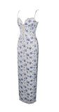 BLUE FLORAL PRINT SATIN LACE MAXI DRESS