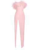 RAQUEL PINK FEATHER HIGH SLIT MAXI DRESS