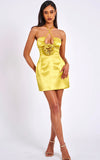 ROSETTE GOLD SATIN HALTER MINI DRESS