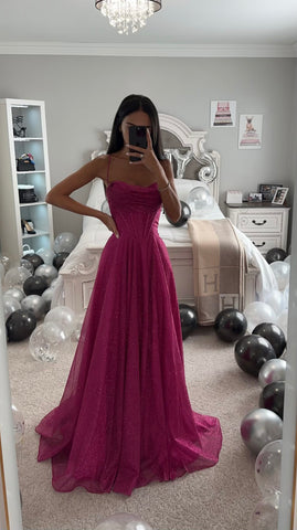 FUCHSIA GLITTERY LACE UP BALL GOWN