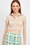 BUTTON UP COLLARED TOP WITH SHIRRING DETAIL