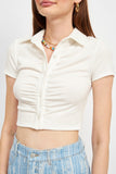 BUTTON UP COLLARED TOP WITH SHIRRING DETAIL