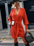 BELTED LANTERN SLEEVE WRAP CASUAL SWEATER MINI DRESS