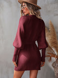 BELTED LANTERN SLEEVE WRAP CASUAL SWEATER MINI DRESS