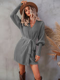 BELTED LANTERN SLEEVE WRAP CASUAL SWEATER MINI DRESS