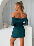 GLITTER MESH OFF SHOULDER MINI DRESS