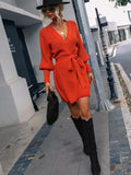 BELTED LANTERN SLEEVE WRAP CASUAL SWEATER MINI DRESS