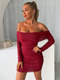 GLITTER MESH OFF SHOULDER MINI DRESS