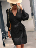 BELTED LANTERN SLEEVE WRAP CASUAL SWEATER MINI DRESS