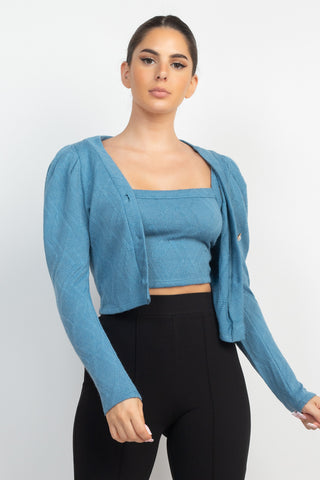 PUFF SLEEVE CARDIGAN TOP SET