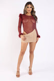 FEATHER TRIM MESH BODYSUIT