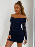 GLITTER RUCHED OFF SHOULDER MINI DRESS