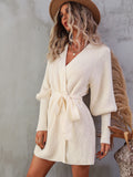 BELTED LANTERN SLEEVE WRAP CASUAL SWEATER MINI DRESS