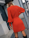 BELTED LANTERN SLEEVE WRAP CASUAL SWEATER MINI DRESS