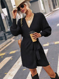 BELTED LANTERN SLEEVE WRAP CASUAL SWEATER MINI DRESS