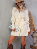 BELTED LANTERN SLEEVE WRAP CASUAL SWEATER MINI DRESS