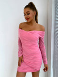 GLITTER RUCHED OFF SHOULDER MINI DRESS