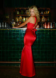 RED HALTER NECK DUCHESS SATIN GOWN