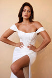 OFF WHITE CORSET OFF SHOULDER SATIN GOWN