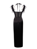 ODELL BLACK FEATHER STRAP CORSET MIDI GOWN