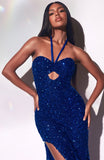 HALTER FITTED SEQUIN KEY HOLE FRONT GOWN