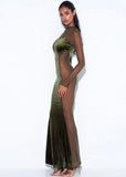 ROBE LONGUE EN MAILLE DE VELOURS OLIVE