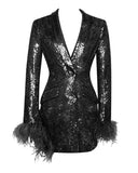 SEQUIN FEATHER TRIM BLAZER MINI DRESS