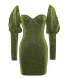 GREEN METALLIC PUFF SHOULDER MINI DRESS