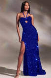 HALTER FITTED SEQUIN KEY HOLE FRONT GOWN