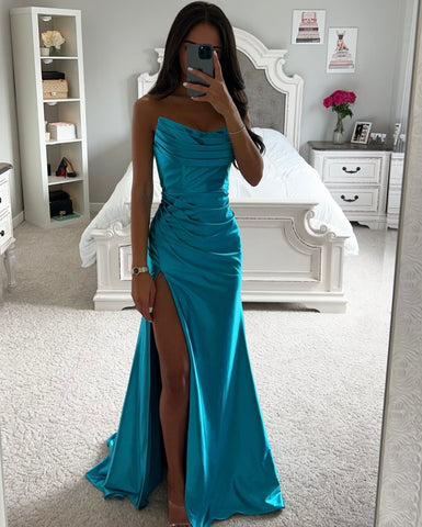 OCEAN BLUE ASYMMETRICAL SATIN GOWN