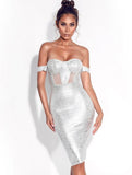 OFF SHOULDER SILVER METALLIC DRESS