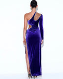 PURPLE ONE SLEEVE CRYSTAL VELVET GOWN