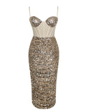 GOLD SEQUIN CORSET MIDI DRESS