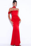 RED HALTER NECK DUCHESS SATIN GOWN