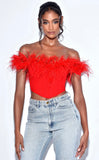 RED FEATHER TRIM CORSET TOP