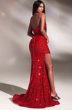 HALTER FITTED SEQUIN KEY HOLE FRONT GOWN