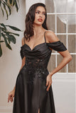 BLACK A LINE SATIN OFF SHOULDER GOWN