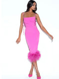 FUCHSIA FEATHER TRIM MAXI DRESS