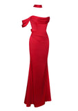 RED HALTER NECK DUCHESS SATIN GOWN