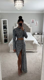 BEADED SILVER DRAPED DRESS