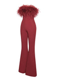 KYLIE FEATHER FLARE LEG JUMPSUIT