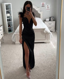 ODELL BLACK FEATHER STRAP CORSET MIDI GOWN