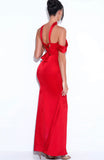 RED HALTER NECK DUCHESS SATIN GOWN