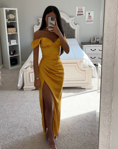 YELLOW HIGH SLIT SATIN CORSET DRESS