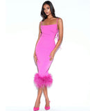 FUCHSIA FEATHER TRIM MAXI DRESS