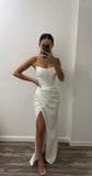 OFF WHITE CORSET OFF SHOULDER SATIN GOWN